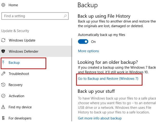 نحوه بکاپ گرفتن از ویندوز 10 بهصورت تصویری 3 گزینه, Go to Backup and Restore Windows 7 را انتخاب نمایید.
