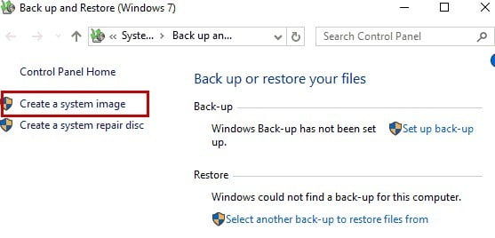 نحوه بکاپ گرفتن از ویندوز 10 بهصورت تصویری 4 روی Create a System Image کلیک کنید.