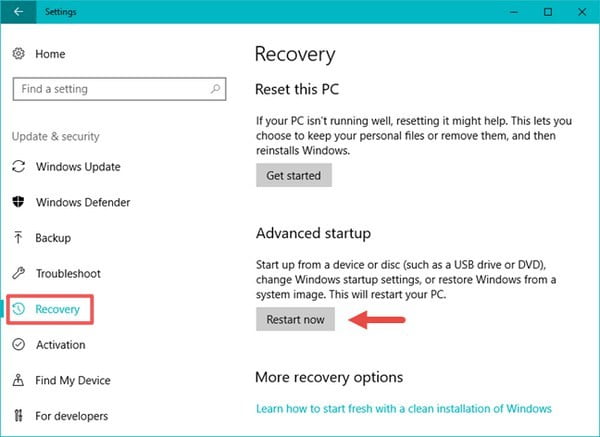 نحوه برگرداندن بکاپ ویندوز 10 بهصورت تصویری 3 در زیر گزینه Advanced startup روی Restart now کلیک کنید