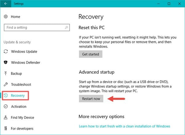 در زیر گزینه Advanced startup روی Restart now کلیک کنید