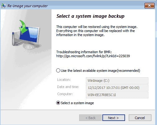 در قسمت Select a system image backup اگر نسخه پشتیبان را از طریق DVD یا هارد اکسترنال به سیستم متصل کرده باشید