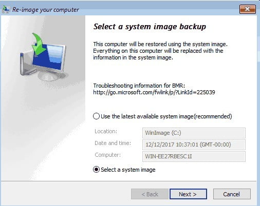 نحوه برگرداندن بکاپ ویندوز 10 بهصورت تصویری 7 در قسمت Select a system image backup اگر نسخه پشتیبان را از طریق DVD یا هارد اکسترنال به سیستم متصل کرده باشید