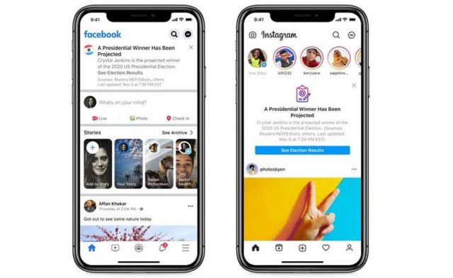 اعلام برنده انتخابات 2020 آمریکا در فیسبوک و اینستاگرام
