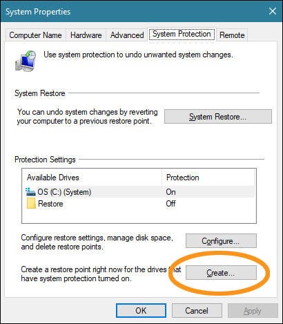 بکاپ گرفتن از رجیستری ویندوز در System Restore