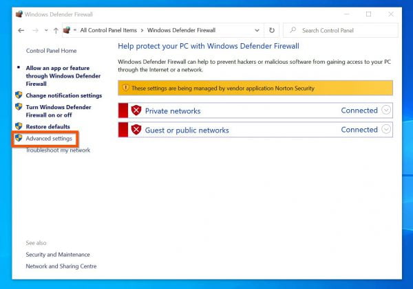 صفحه Windows Defender Firewall