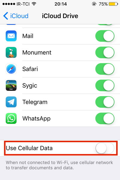 سلولار دیتا (Cellular Data) را برای مصارف آیکلود خاموش کنید