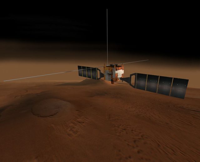 تصویر کامپیوتری که مریخ اکسپرس ESA را در مدار بالای سطح مریخ نشان می دهد. ابزار MARSIS در Mars Express شواهدی از دریاچه های زیرسطحی در منطقه قطبی جنوبی مریخ در سال 2018 نشان داد.