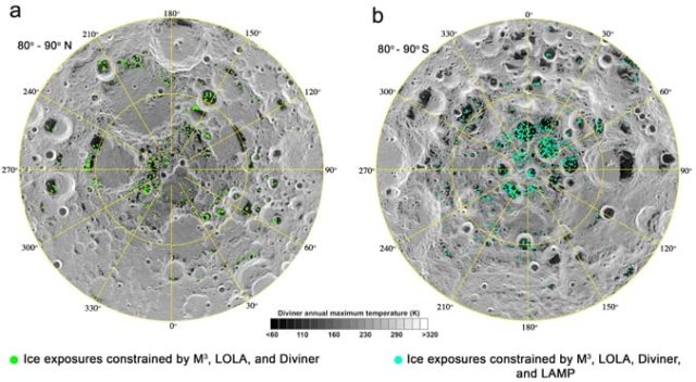 نقشه برخی از قطعات یخ آب روی ماه، عمدتا در دهانه های سایه دار.