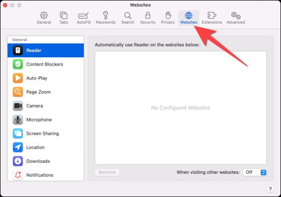 در Safari Preferences، روی تب “Websites” کلیک کنید.