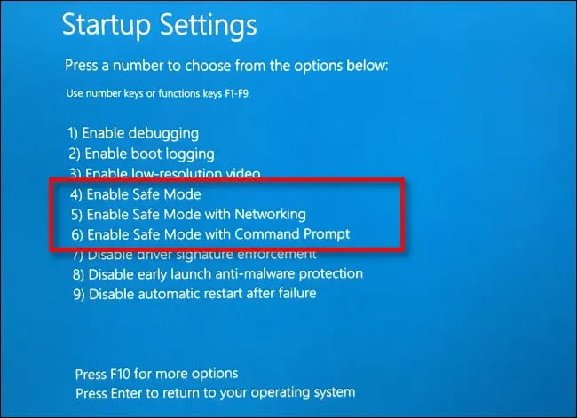 منوی Startup Settings