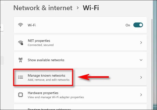 Forget شبکه از طریق Settings