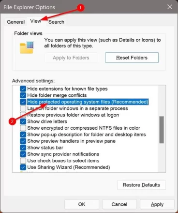 گزینه Hide protected system operator files را از حالت انتخاب خارج کنید