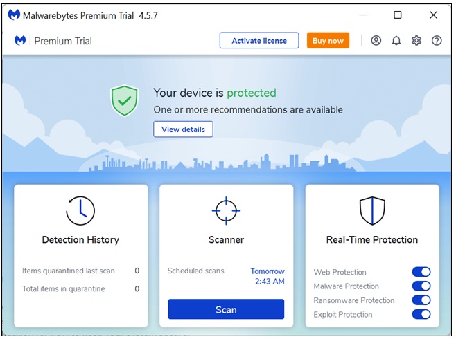 صفحه اصلی MalwareBytes Premium Trial.