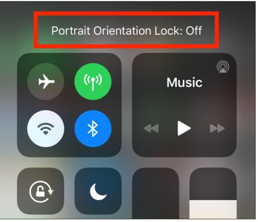 پیام Portrait Orientation Lock Off نمایش داده شده در آیفون