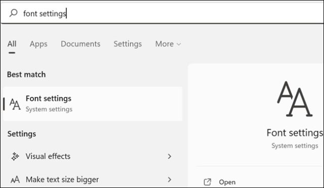 منوی استارت را باز کنید، «تنظیمات فونت» را جستجو کنید، سپس آن را باز کنید.