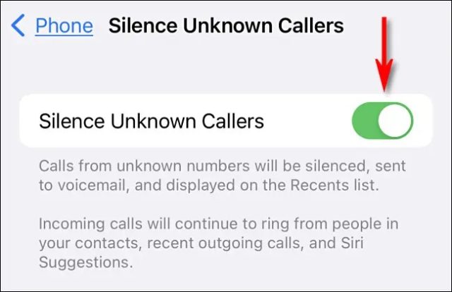 سوئیچ کنار «Silence Unknown Callers» را روی «روشن» بچرخانید.