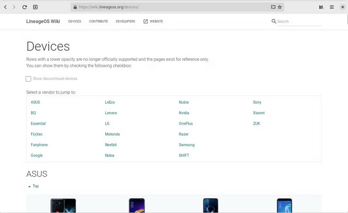وب سایت دستگاه های LineageOS