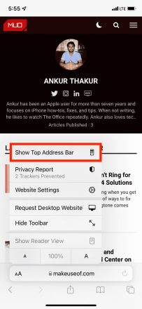برای انتقال نوار جستجوی پایین iOS 15 به بالا، روی Show Top Address Bar ضربه بزنید