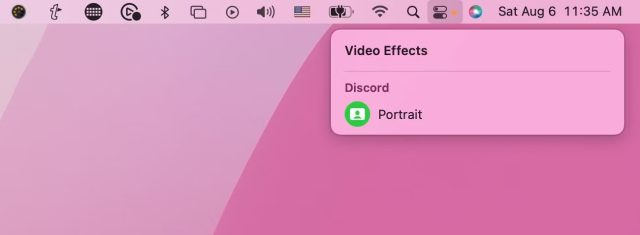 اسکرین شات از مرکز کنترل مک با روشن شدن جلوه ویدیویی حالت پرتره در Discord