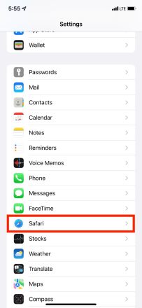 در تنظیمات iOS 15 روی Safari ضربه بزنید