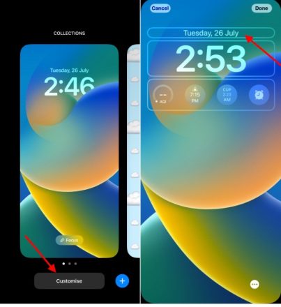 نحوه افزودن ابزارک به صفحه قفل آیفون در iOS 16 5 روی بخش زمان روز بالای ساعت صفحه قفل ضربه بزنید
