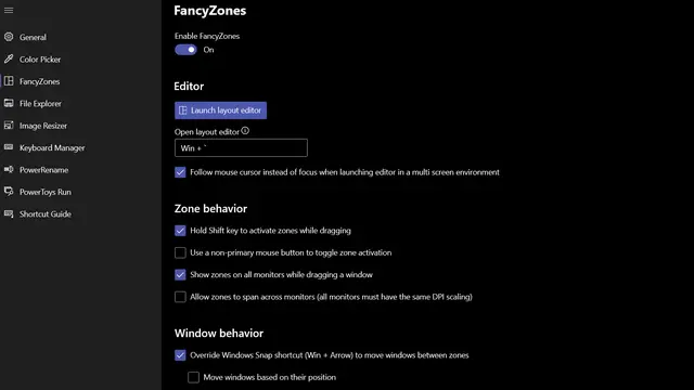 تنظیمات fancyzones