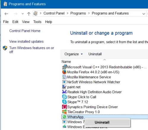 WhatsApp را با استفاده از کنترل پنل حذف کنید.