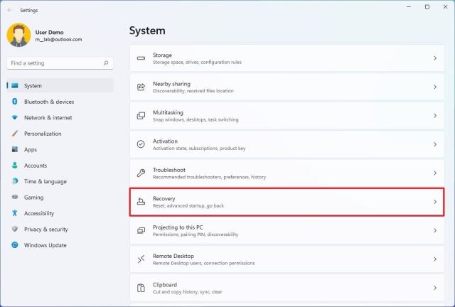 تنظیمات بازیابی را باز کنید