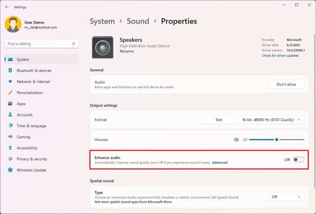 ویندوز 11 غیرفعال کردن بهبود ویژگی های صوتی