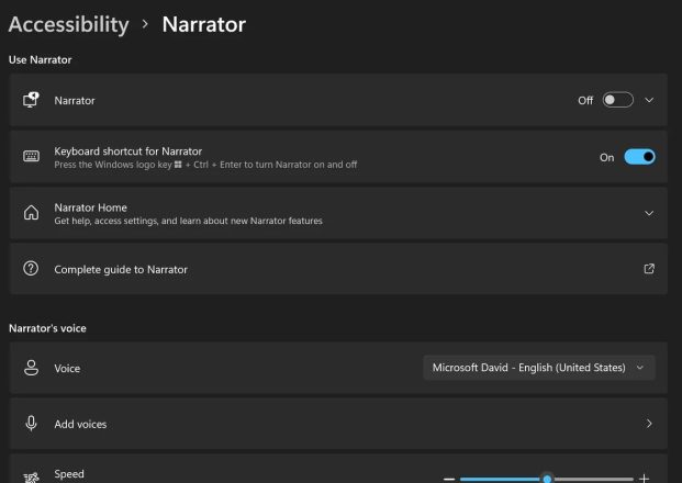 منوی گوینده تحت قابلیت دسترسی در ویندوز 11. گزینه‌ها عبارتند از گوینده، میانبر صفحه کلید برای گوینده، راوی صفحه اصلی، راهنمای کامل راوی، صدا، افزودن صداها و سرعت.