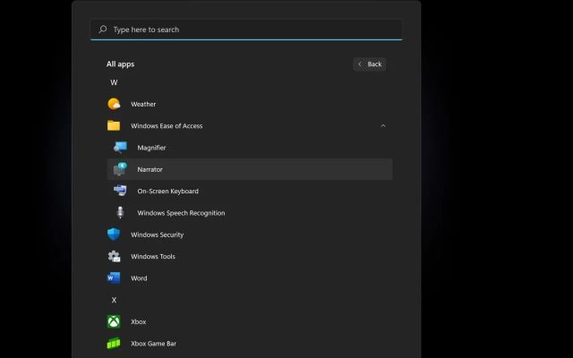 یک اسکرین شات از رابط همه برنامه‌ها در ویندوز 11 با انتخاب Narrator باز می‌شود.