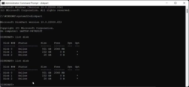 خط فرمان disk diskpart را لیست کنید