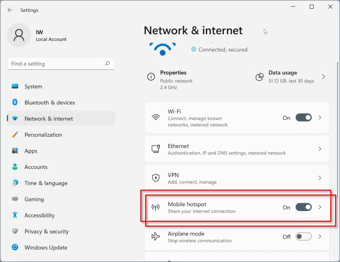 هات اسپات تلفن همراه را از طریق برنامه تنظیمات در ویندوز 11 روشن یا خاموش کنید.