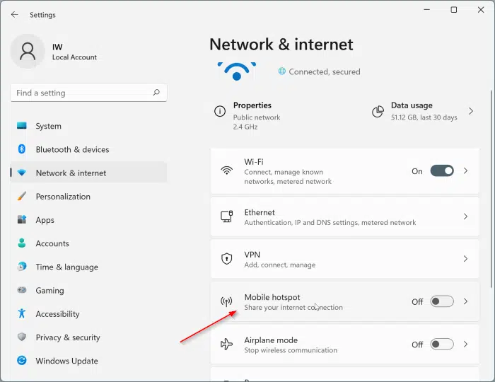هات اسپات تلفن همراه را از طریق برنامه تنظیمات در ویندوز 11 روشن یا خاموش کنید.