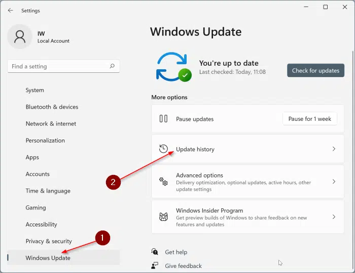 مشاهده تاریخچه به روز رسانی از طریق برنامه تنظیمات در ویندوز 11