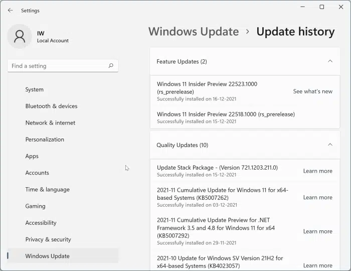 مشاهده تاریخچه به روز رسانی از طریق برنامه تنظیمات در ویندوز 11