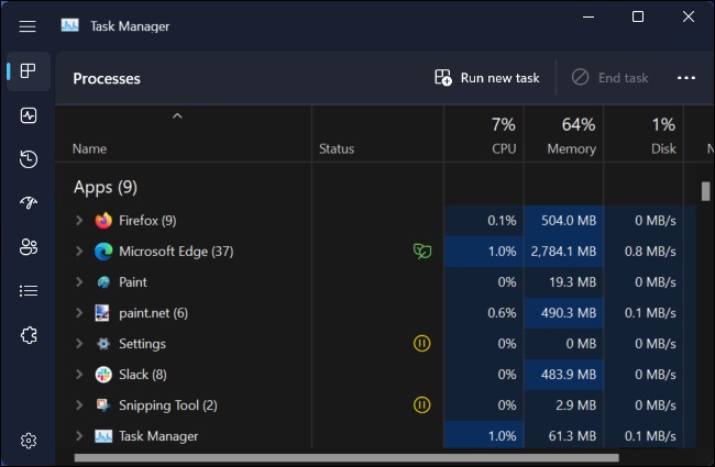 Task Manager ویندوز 11 در 22H2 در حالت تاریک.