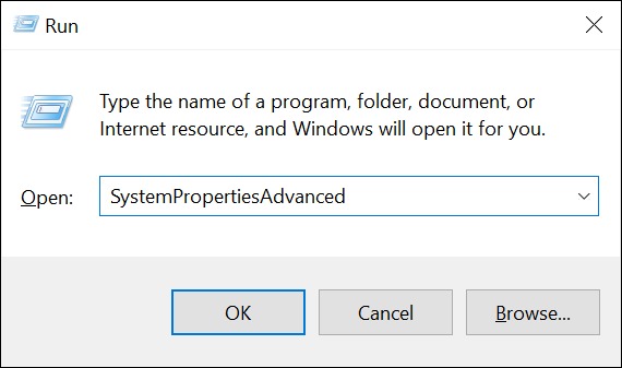 'SystemPropertiesAdvanced' را در 'Run' تایپ کنید و Enter را فشار دهید.