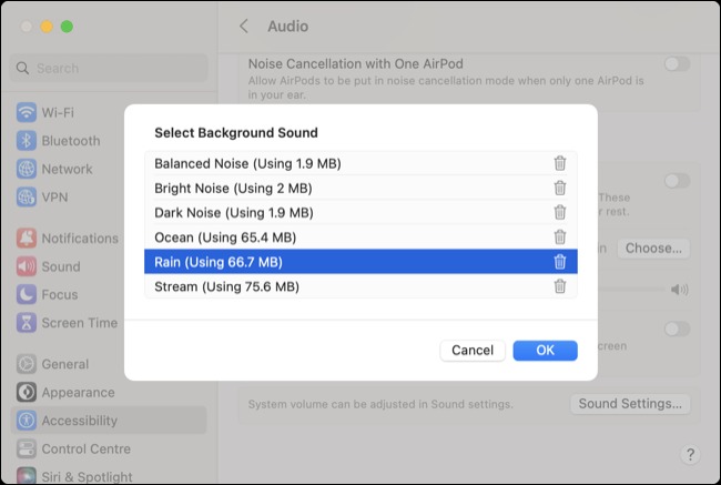 صداهای پس زمینه در macOS 13 تنظیمات سیستم Ventura