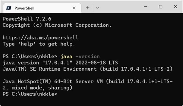 خروجی دستور 'java -version.' محیط اجرای جاوا (Build 17.0.4.1)