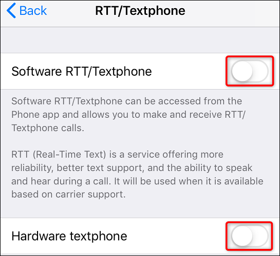 برای خاموش کردن RTT در آیفون، گزینه‌ها را خاموش کنید