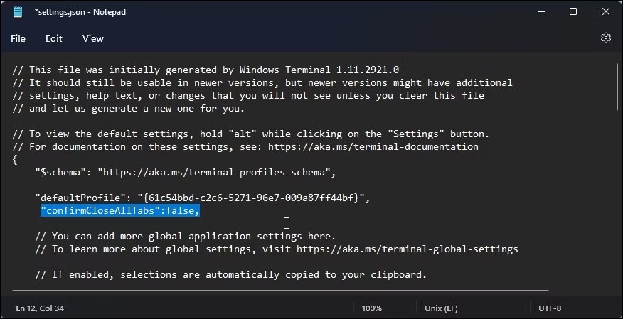 تنظیمات ترمینال ویندوز فایل json گفتگوی تأیید را غیرفعال می کند