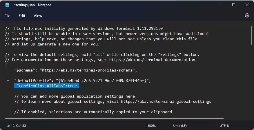 فایل json تنظیمات ترمینال ویندوز گفتگوی تایید را فعال می کند