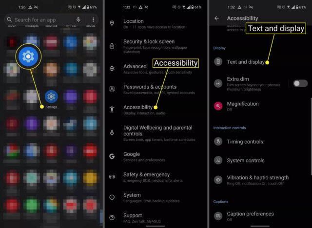 تنظیمات، قابلیت دسترسی، و متن و نمایش در اندروید
