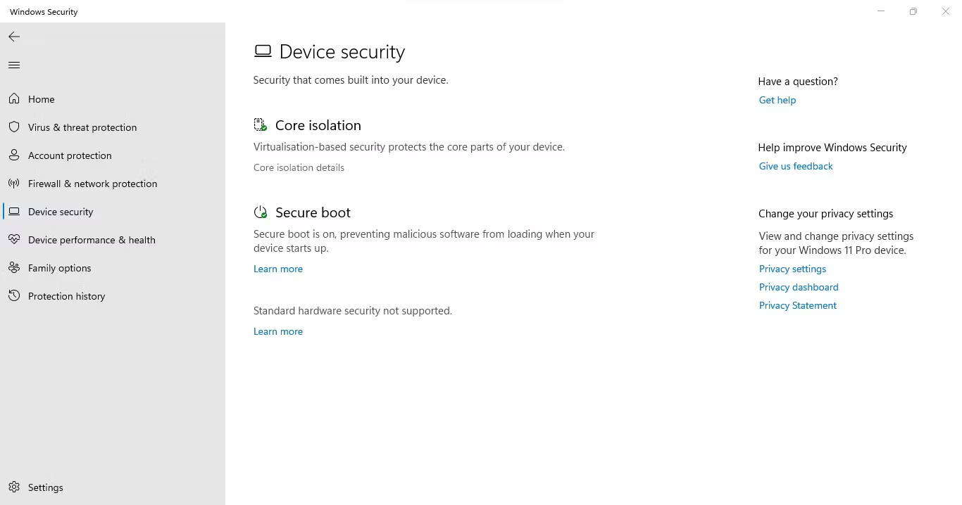 با کلیک بر روی گزینه Core Isolation Details در تب Device Security برنامه Windows Security