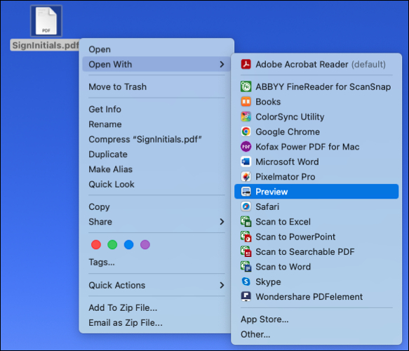 پیش نمایش در منوی Open With در Mac