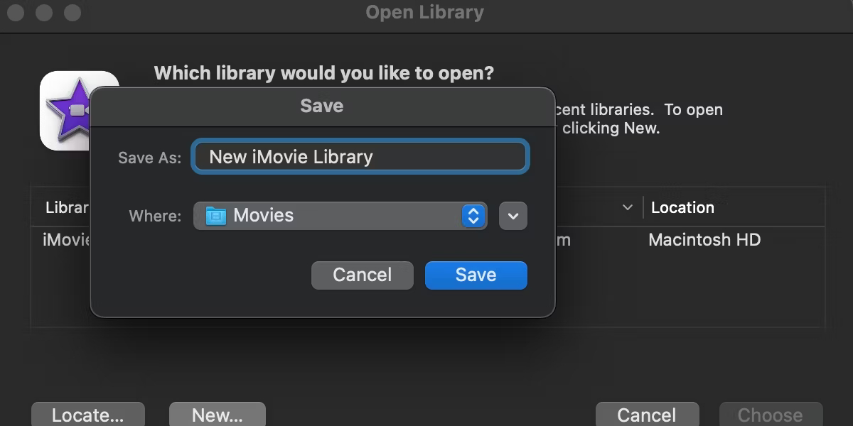 iMovie پنجره کتابخانه جدید ایجاد می کند