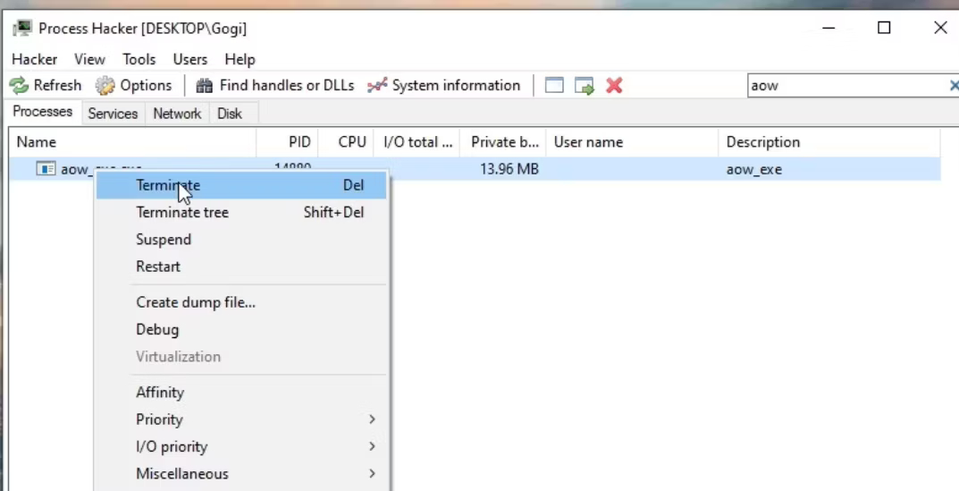گزینه Terminate در Process Hacker