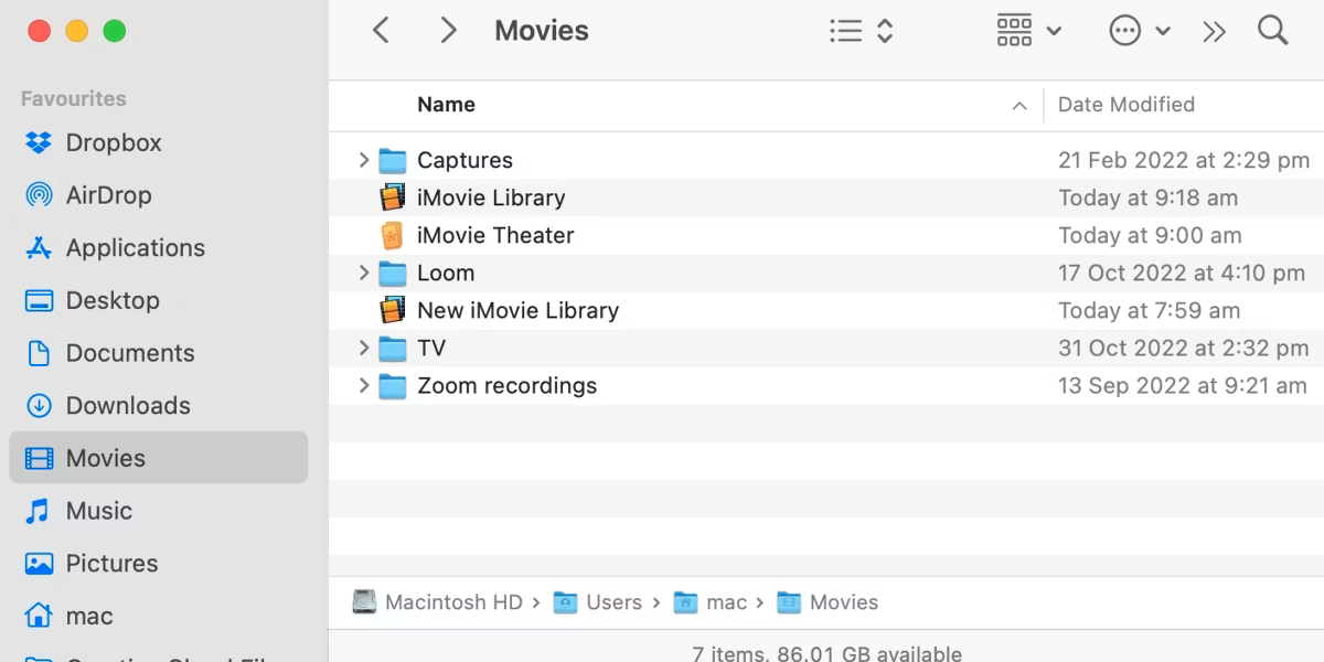 Finder showing contents of movies folder