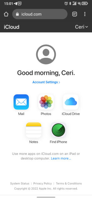 iCloud در مرورگر اندروید